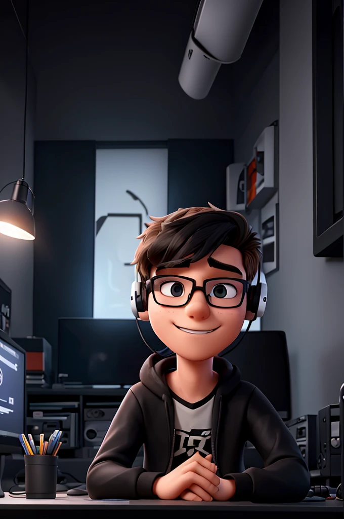 Creates an 18-year-old young man wearing glasses and gaming headphones in an all-black room with gaming LEDs and him playing on the PC and recording for YouTube with a mask and black glasses/ アニメ