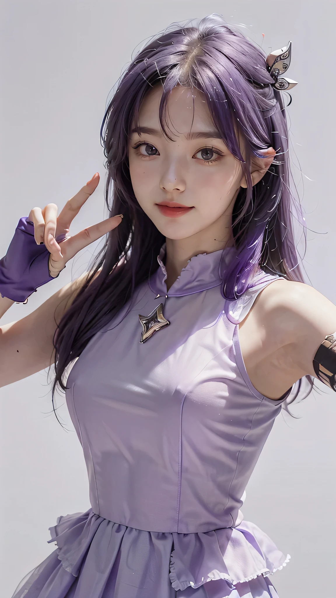 Hosino Ai, gloves, tongue sticking out, tongue, long hair, star (symbol), watch viewer, (purple hair: 1.2), purple eyes, upper body, hair ornament, ruffles, pink shirt, smile, sleeveless, shirt, idol, symbol shaped pupil, hands raised, bangs, one side up, star-shaped pupils, arms raised, dresspull, roaring twenties, isometric, , upper body, rembrandt, Illustration, detail, depth of field, looking at the viewer, peace sign, hand raised, tongue out, highest quality, high resolution.