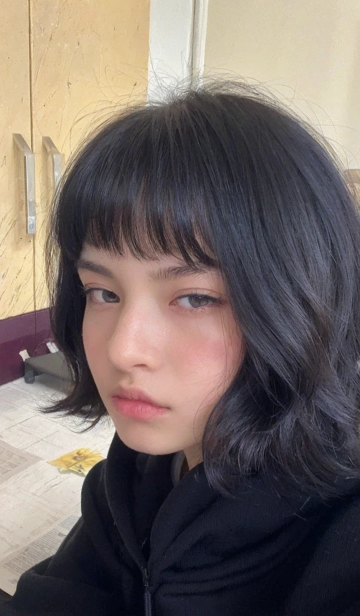 Pale teenage girl with silky black hair and bangs above her eyebrows, with small pink lips and a small, thin potato nose and light green eyes, taking photo looking at the camera with a black hoodie