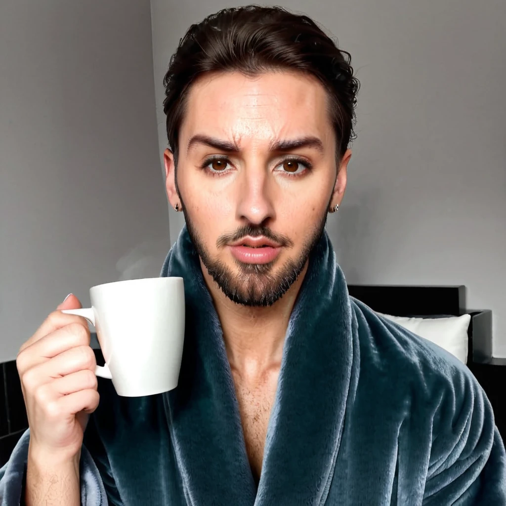 bearded lady stubble beard shaggy, brown eyes, wet brown hair slicked back, big nose, in dressing gown serves coffee