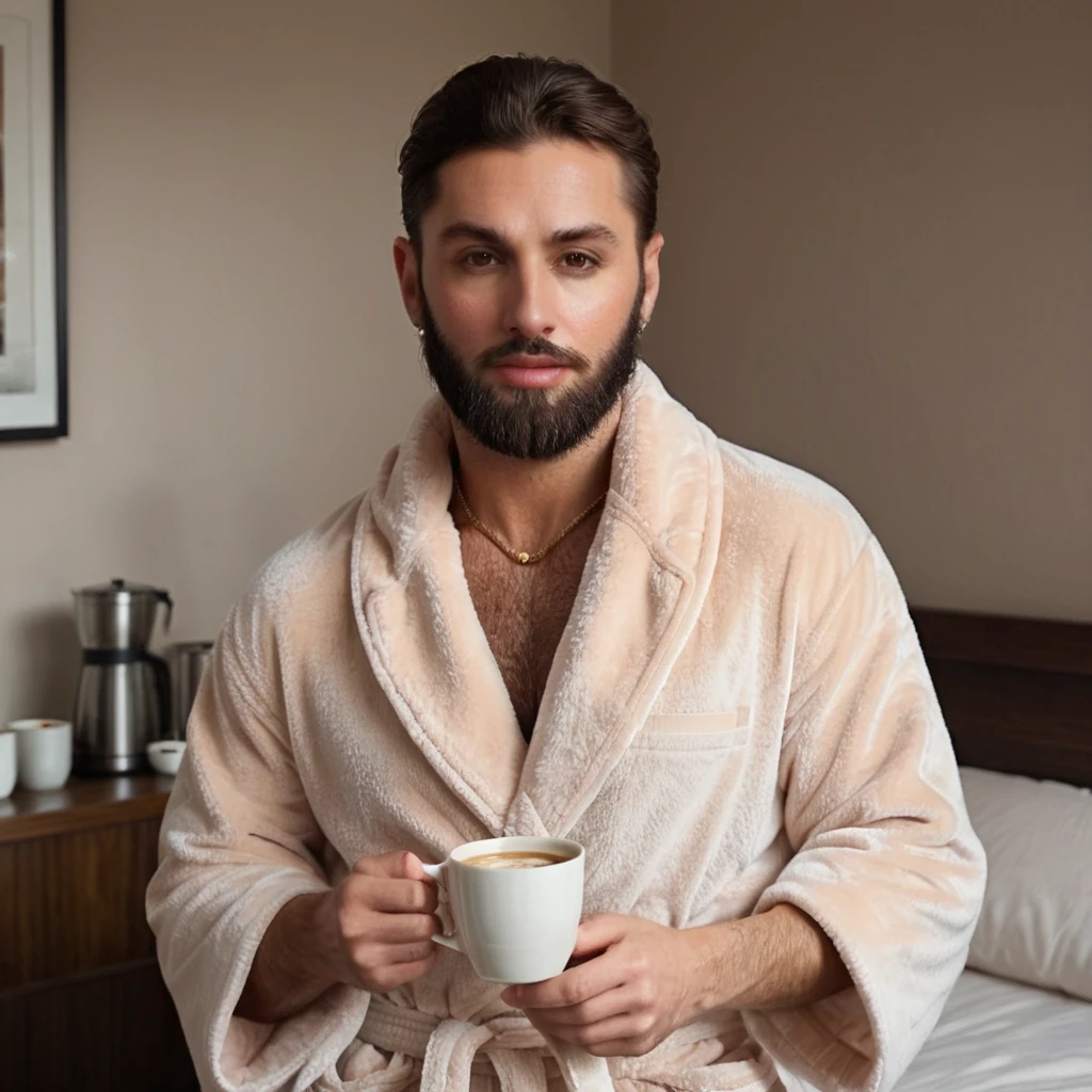 
bearded lady stubble beard shaggy, brown eyes, wet brown hair slicked back, big nose, in dressing gown serves coffee