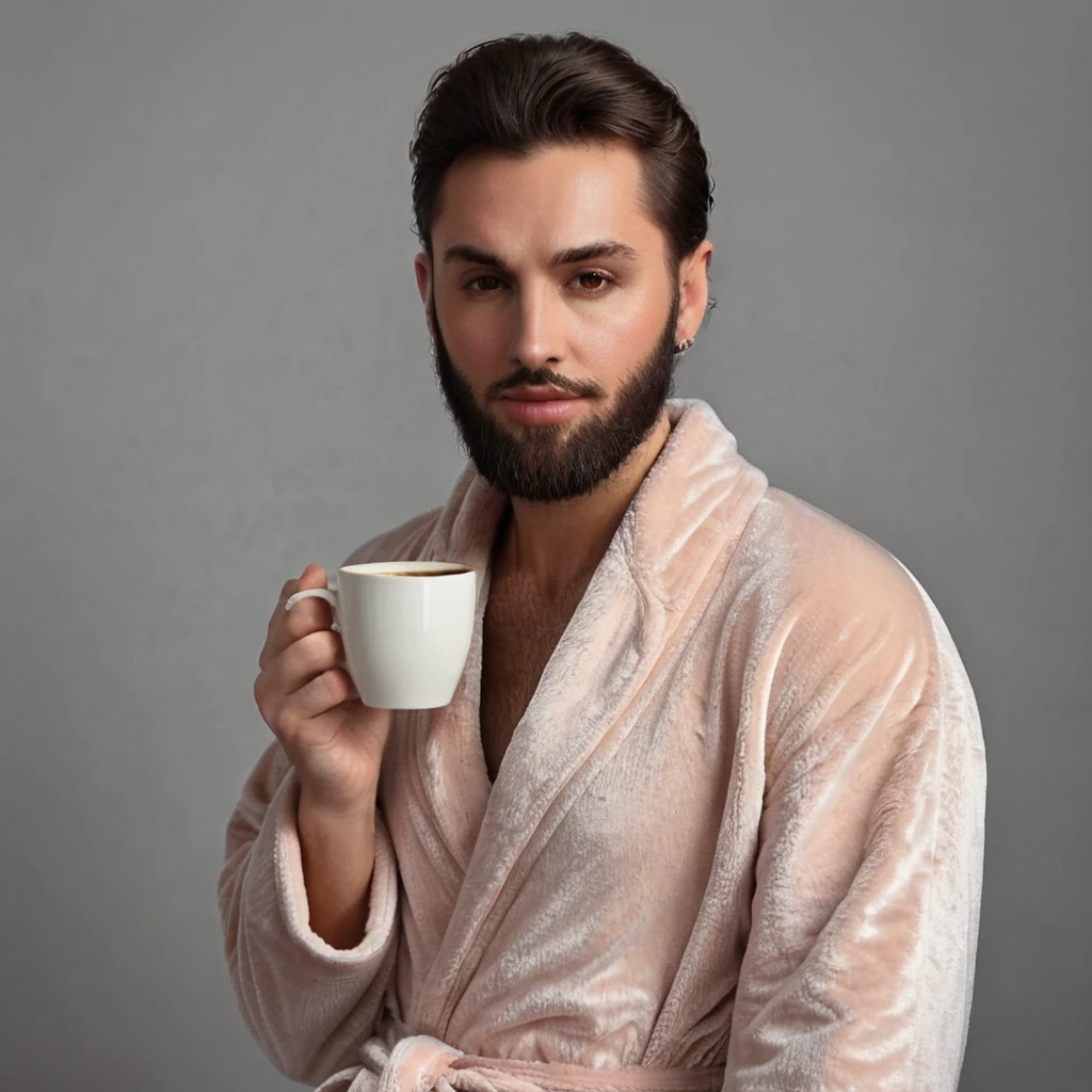 
bearded lady stubble beard shaggy, brown eyes, wet brown hair slicked back, big nose, in dressing gown serves coffee