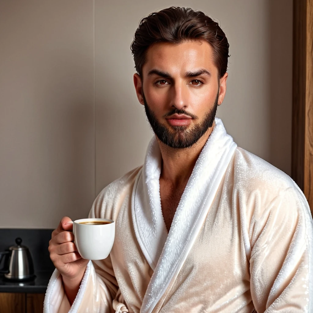 
bearded lady stubble beard shaggy, brown eyes, wet brown hair slicked back, big nose, in dressing gown serves coffee