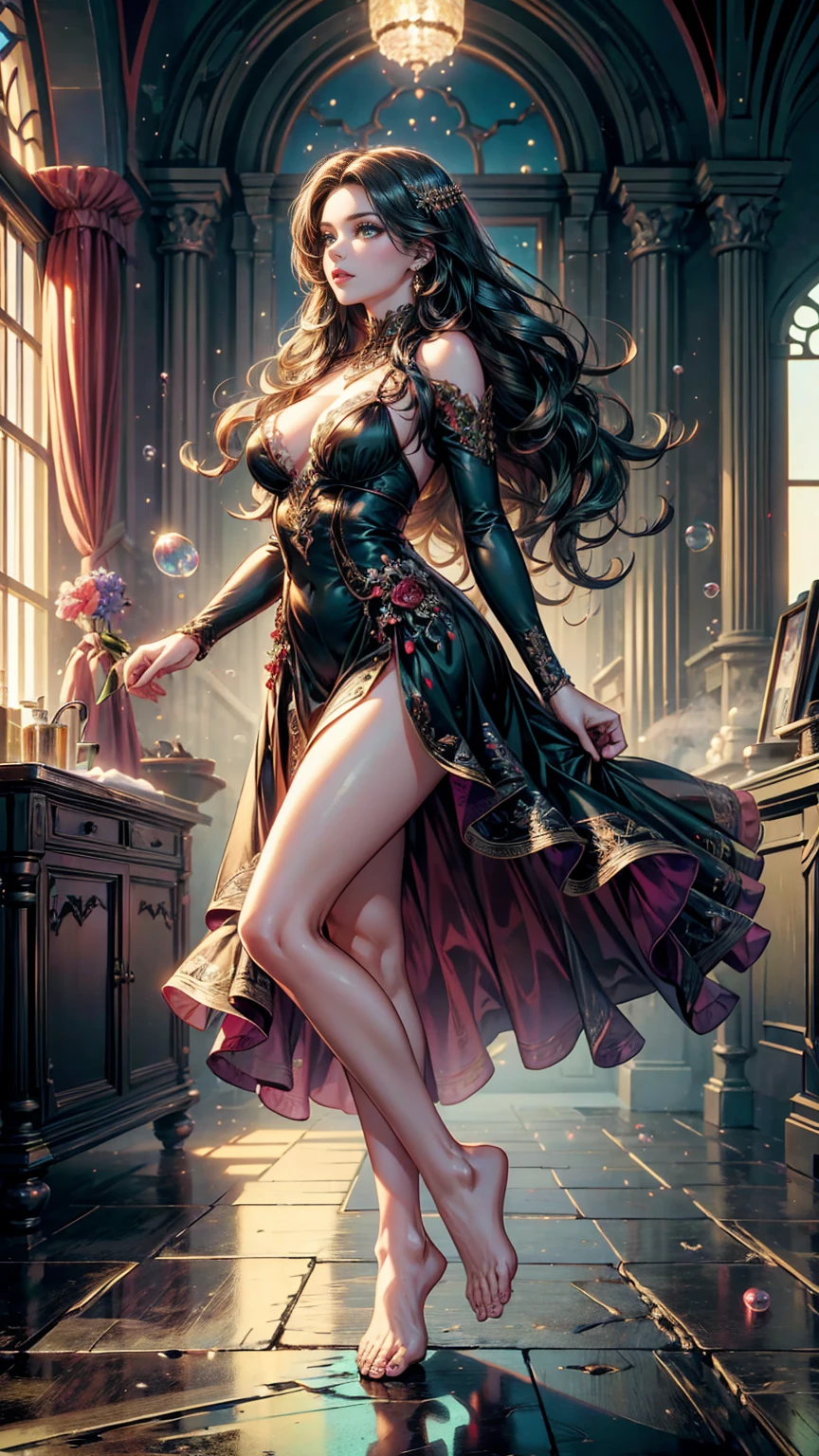 (masterpiece, Best quality, A high resolution, ultra detailed), (beautiful and aesthetically pleasing:1.2), Detailed eyes and face, whole body, 1 woman, adult, (black long wavy hair), (green eyes), female body, Beautiful body, Perfect body, whole body, Red lips, beautiful make-up, bare feet, Romantic floral dress, field, много fieldвых цветов, many soap bubbles of different sizes, bubbles around, golden hour, romance, catch soap bubbles
