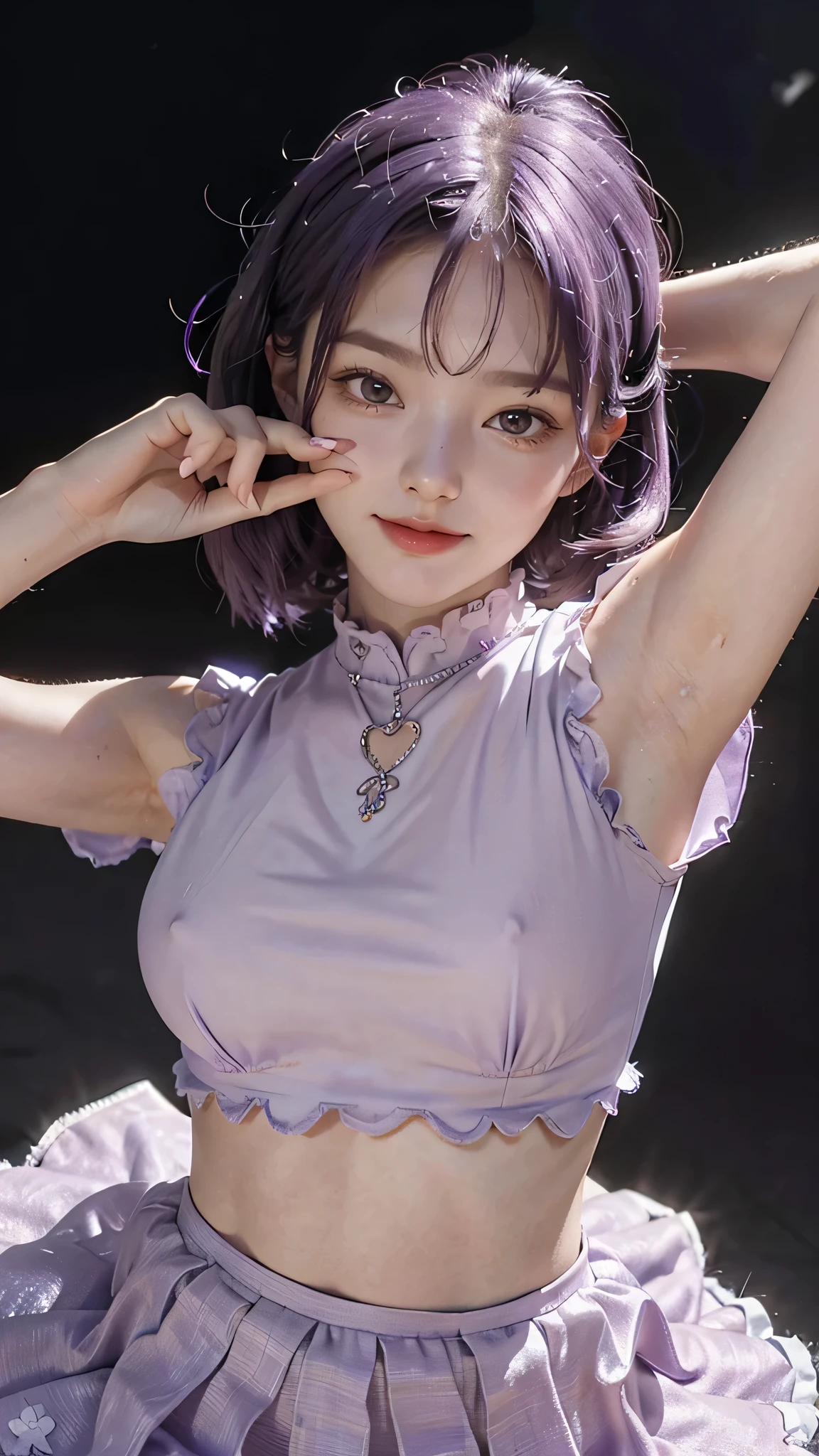Hosino Ai, gloves, tongue sticking out, tongue, long hair, star (symbol), watch viewer, (purple hair: 1.2), purple eyes, upper body, hair ornament, ruffles, pink shirt, smile, sleeveless, shirt, idol, symbol shaped pupil, hands raised, bangs, one side up, star-shaped pupils, arms raised, dresspull, roaring twenties, isometric, , upper body, rembrandt, Illustration, detail, depth of field, looking at the viewer, peace sign, hand raised, tongue out, highest quality, high resolution.