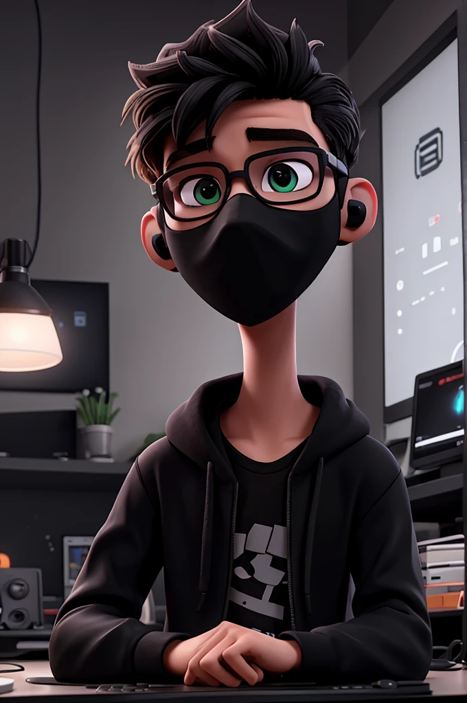 Creates an 18-year-old young man wearing glasses and gaming headphones in an all-black room with gaming LEDs and him playing on the PC and recording for YouTube with a mask and black glasses/ DC