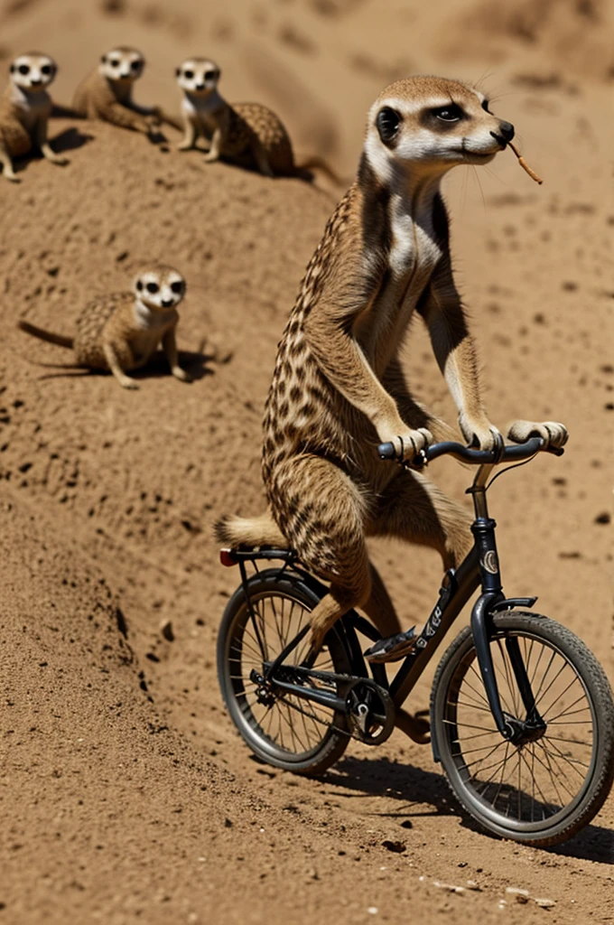 A meerkat on a bicycle waves and has a cigar in his mouth and a herd of ants