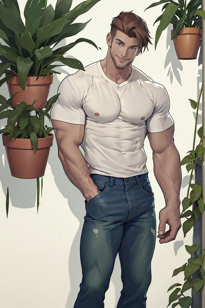 30 years old, male, white inch, stubble, huge muscles, mature man, muscle swelling, bodybuilding, pectoral muscles, abs, in a flower shop, wearing a white shirt, sports shorts, sneakers, natural light, wheat-colored skin, relaxed sitting posture, a man, Tyndall effect