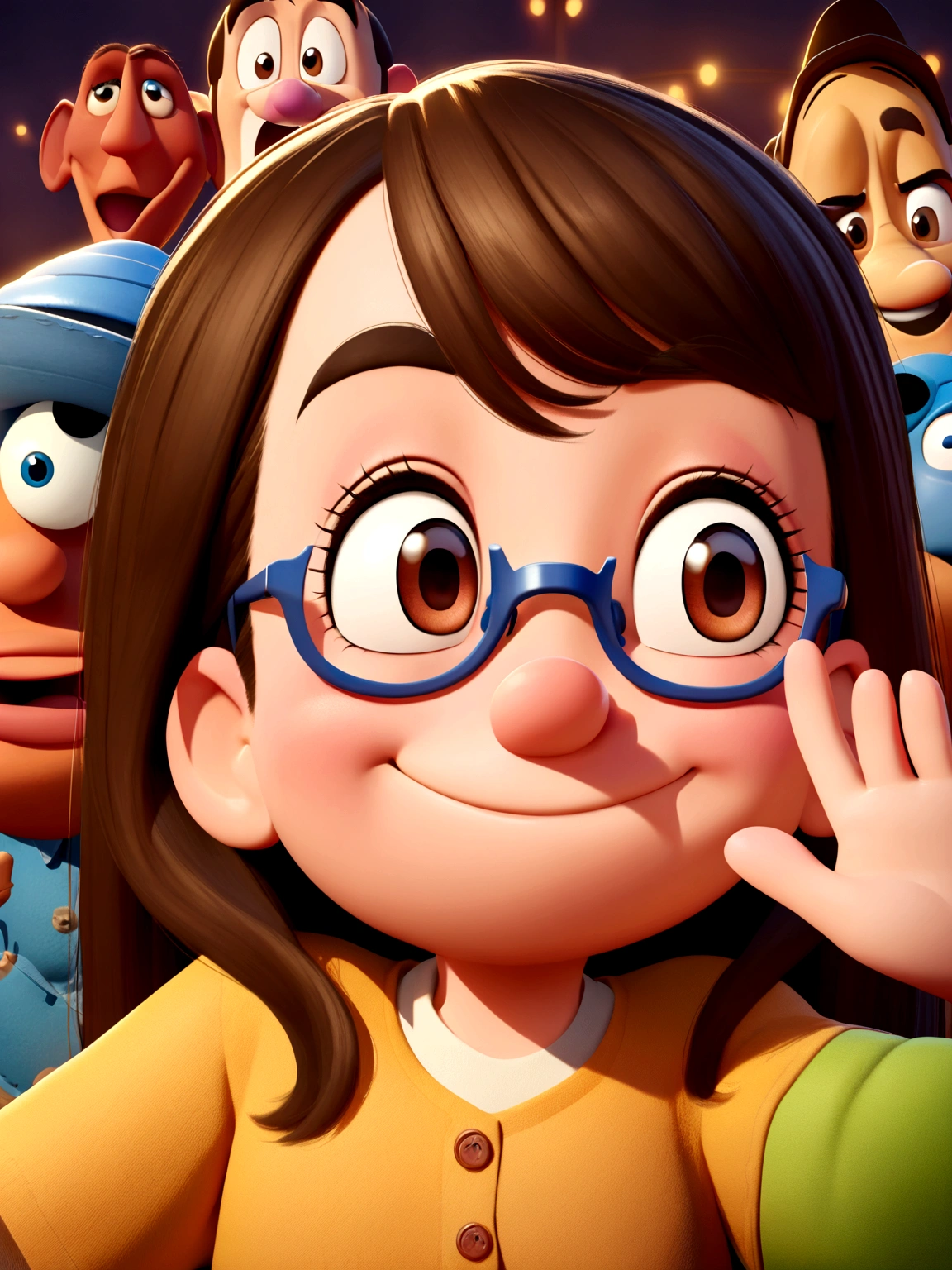 Pixar style image with 3D character white prescription glasses woman long straight hair dark brown eyes dancing, Disney makeup,fisherman, cute, smiling ,close up, pixar, Disney, cinema lighting,