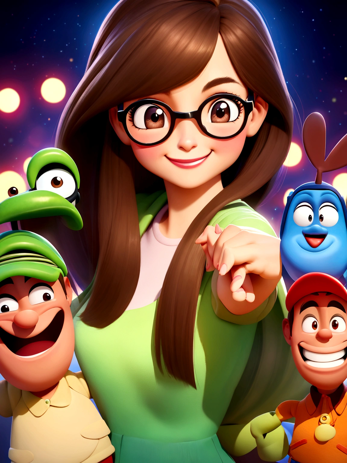 Pixar style image with 3D character white prescription glasses woman long straight hair dark brown eyes dancing, Disney makeup,fisherman, cute, smiling ,close up, pixar, Disney, cinema lighting,