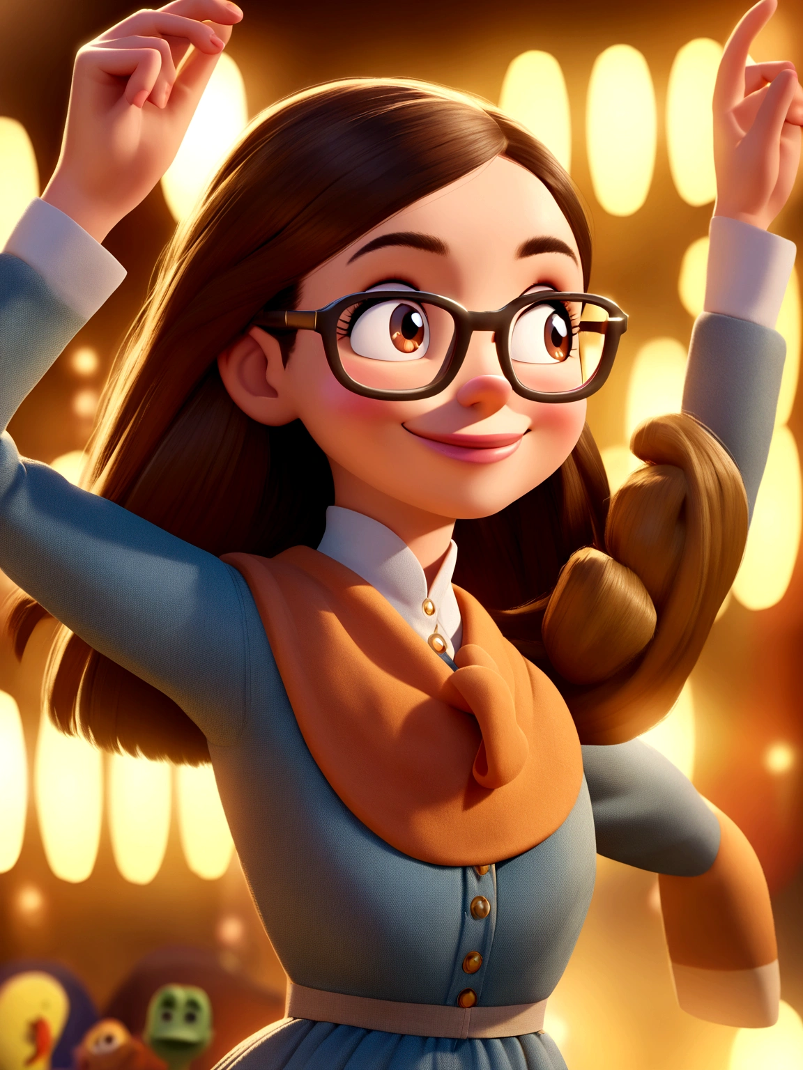 Pixar style image with 3D character white prescription glasses woman long straight hair dark brown eyes dancing, Disney makeup,fisherman, cute, smiling ,close up, pixar, Disney, cinema lighting,