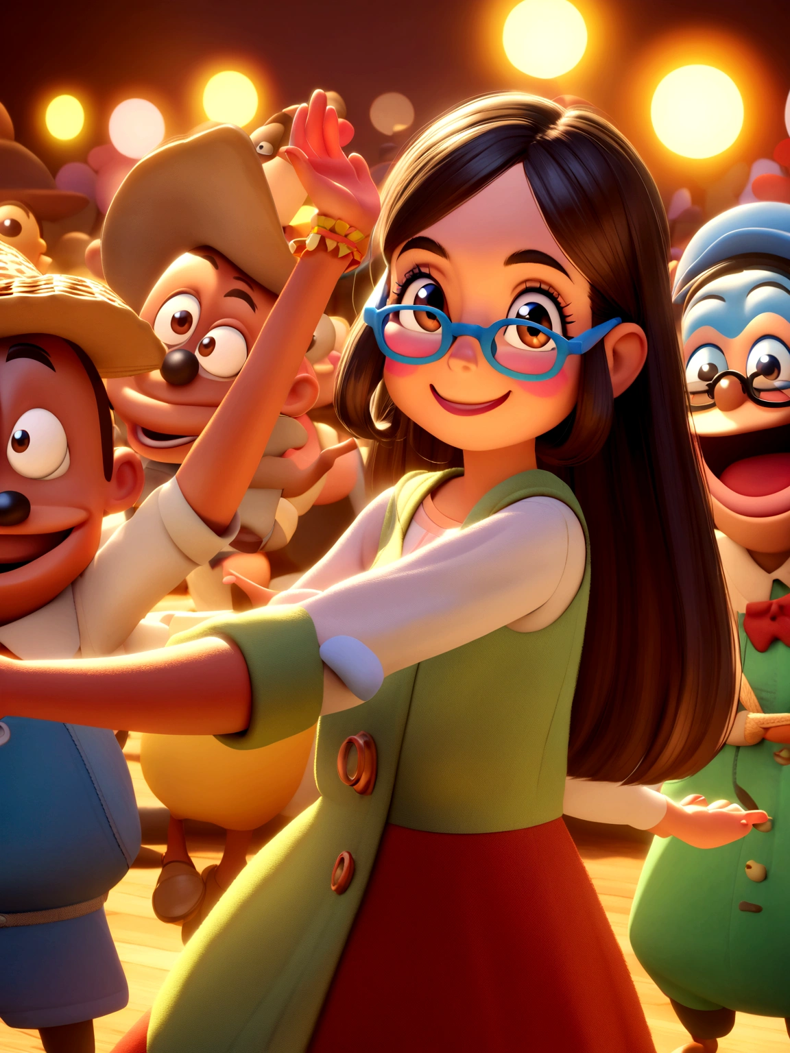 Pixar style image with 3D character white prescription glasses woman long straight hair dark brown eyes dancing, Disney makeup,fisherman, cute, smiling ,close up, pixar, Disney, cinema lighting,