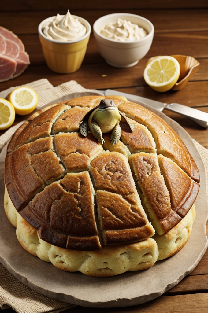 An animated turtle with a ham cake shell