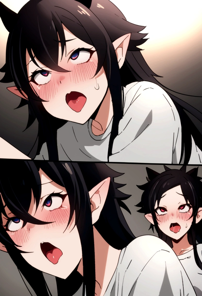 アニメ, Bblack hair, long bangs, spiky hair, and black cat ears that look like horns, with gray and black lines on the shirt, with black panties, Eyes red, comic book doing ahegao