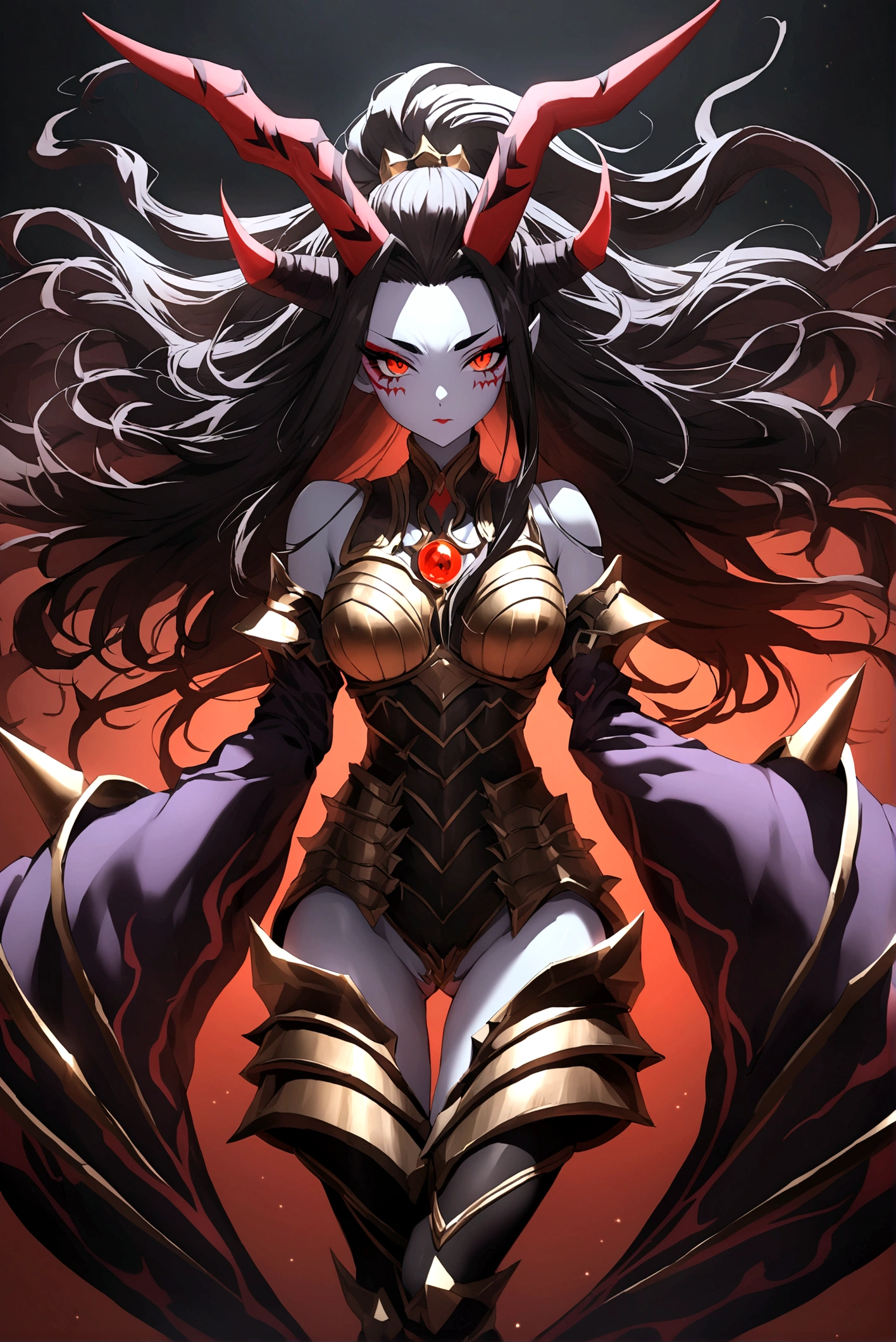 Create an image of the most stunningly gorgeous beautiful wicked oni, Stunningly gorgeous perfect face, perfect makeup, detailed perfect silky smooth skin texture, detailed hour glass body figure, very long styled hair, shion armor spike,