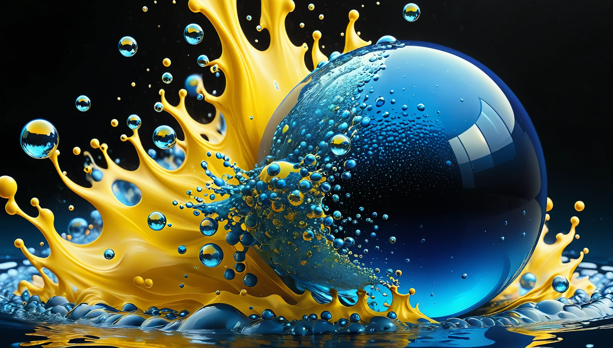 image of a blue ball with bubbles and yellow flames, Water particules, Water particle in front, Bubbling liquids, liquid fire, ferro liquid of arbitrary shape, ferro liquid oceans, Water particles, psychedelic droplets of Water, colorful ferro liquid armor, fractal!! Water, coated with ferro liquid. SLR camera