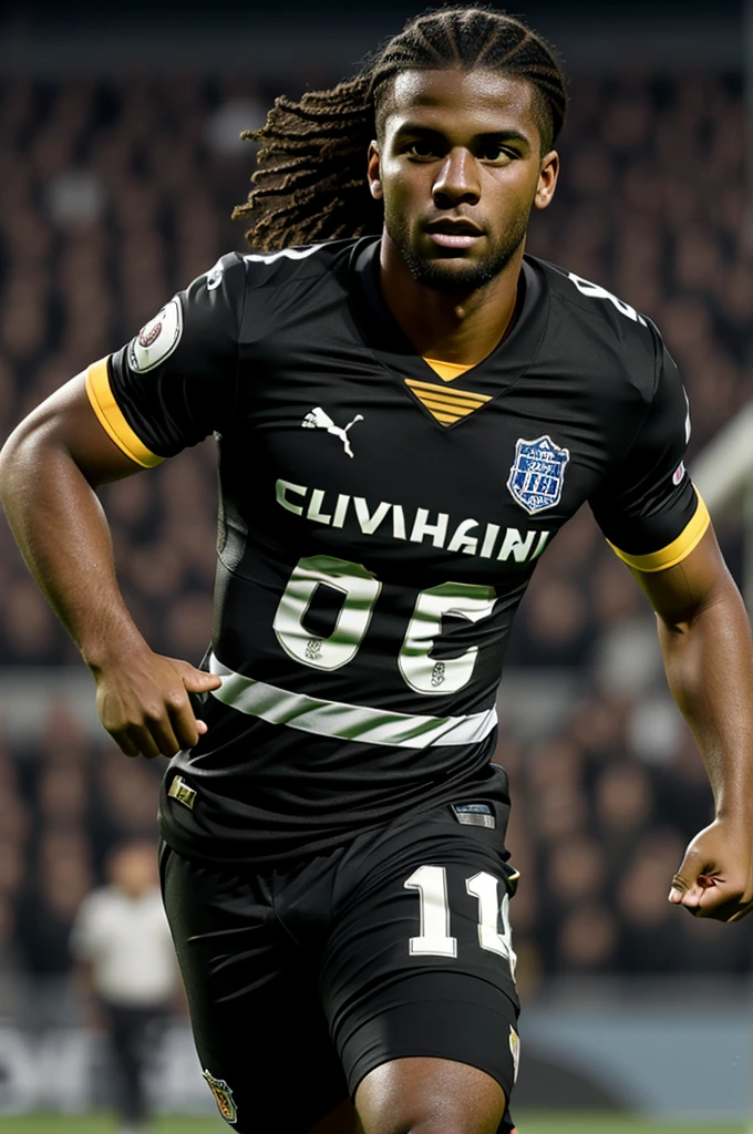 Create a footballer with a black football uniform and gray eyes and hair 