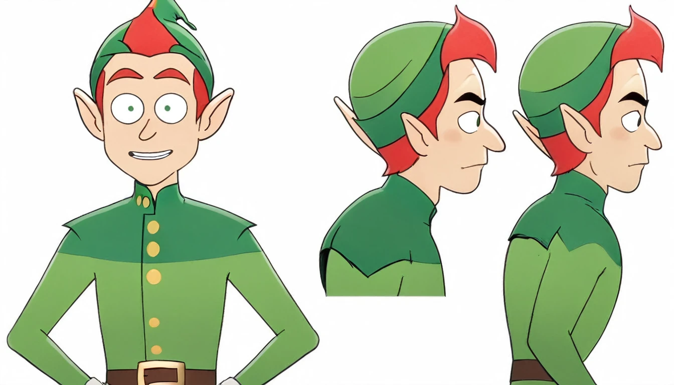 1 male Christmas elf, multiple views,reference sheet, model sheet,neutral expression,Looking in Front,Head Shot,Front facing view,Back view,Side view,Top view,beautiful, masterpiece, best quality, perfect lighting,8k,simple white background ,SFW.