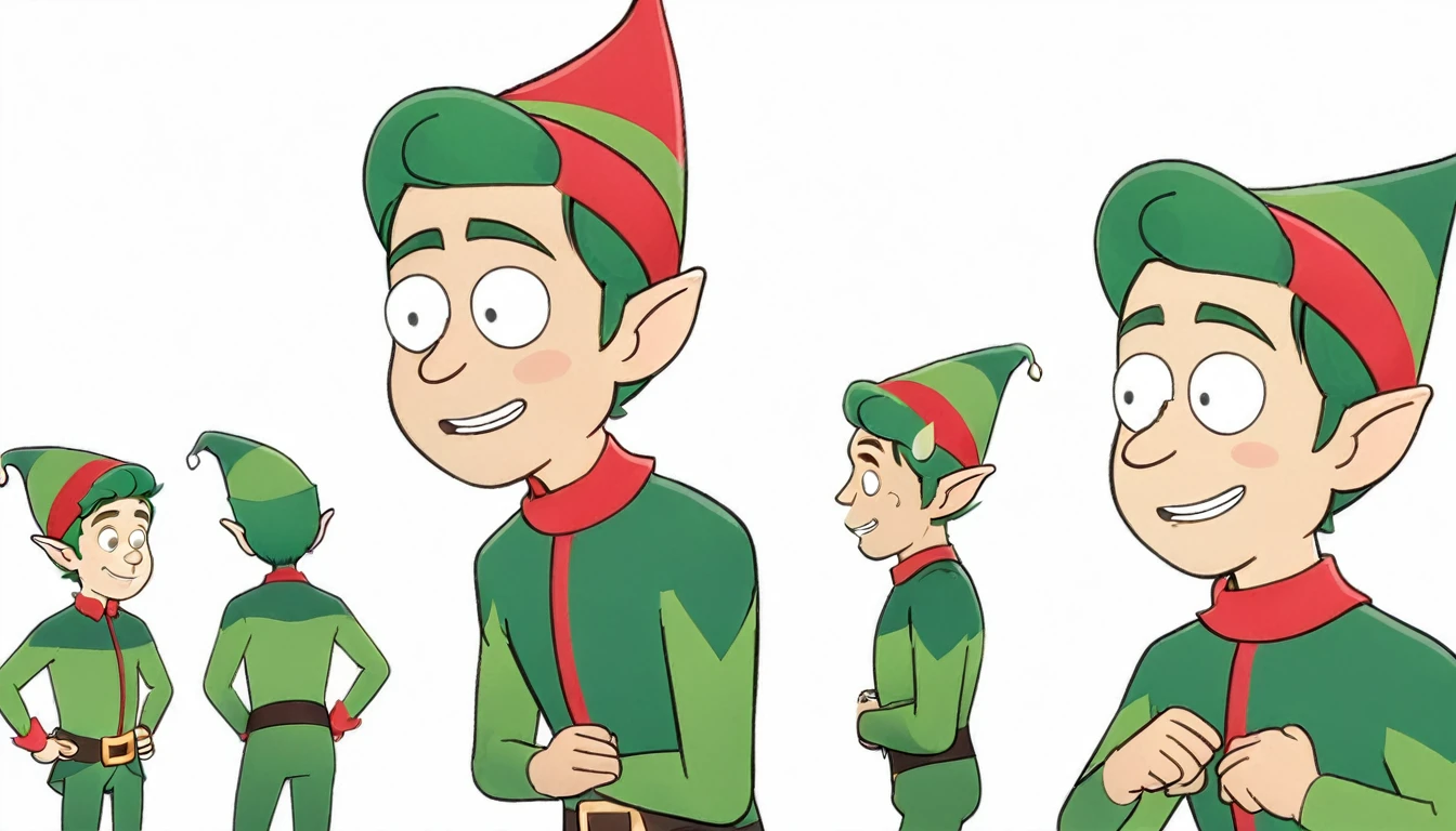 1 male Christmas elf, multiple views,reference sheet, model sheet,neutral expression,Looking in Front,Head Shot,Front facing view,Back view,Side view,Top view,beautiful, masterpiece, best quality, perfect lighting,8k,simple white background ,SFW.