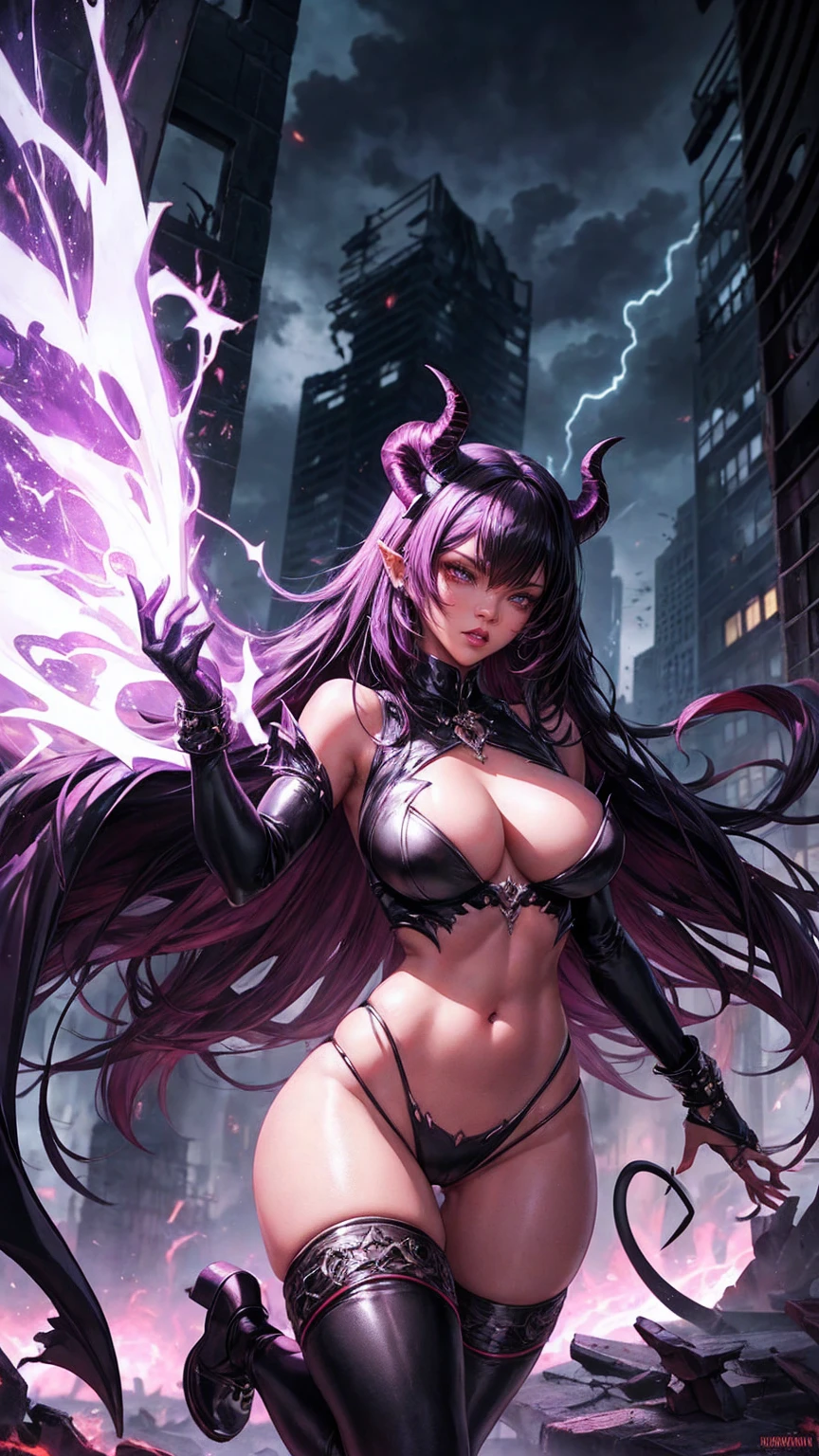 Rihanna hyper-giant, Hyper-powerful demon with two demon horns on her head, curvaceous figure and demon wings, Purple lightning fire on a building and shatters buildings , ville en ruine post apocalyptique,
