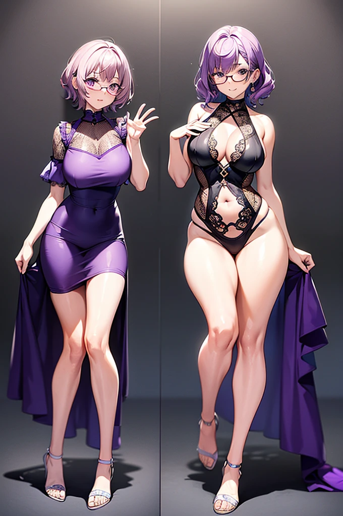 one girl, short curly light purple hair with dark purple strand, glasses, two-piece lace exotic style swimming outfit, simple detaled, lovable, no background, dynamic side sitingpose,, full body ,detaled feet