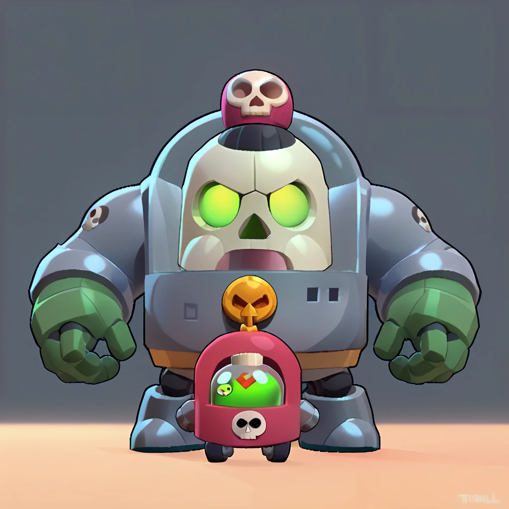 full body view of robot mixed with incubator, living skull in incubator, human skull, having transparent muscular green arms, robot, nuclear logo, brawl, brawl stars