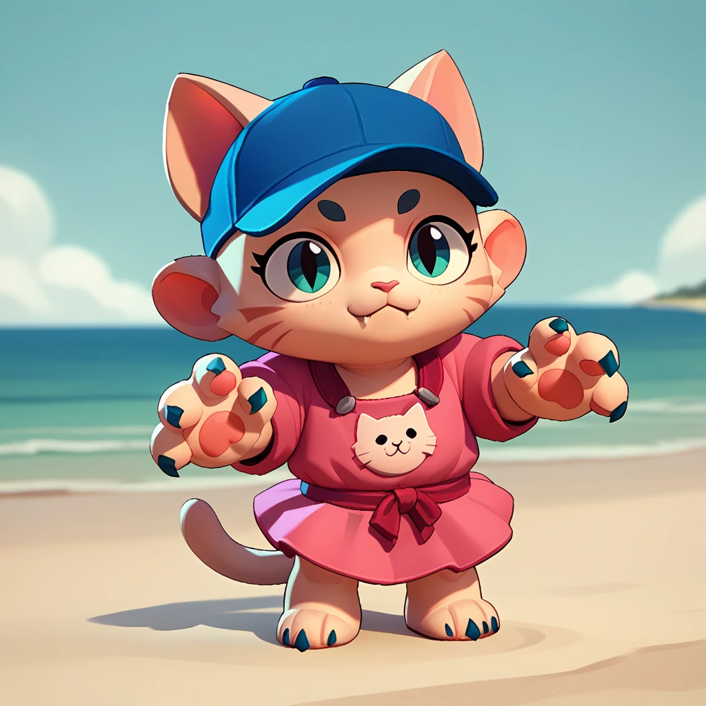 full body view of a cat with baby claws, wearing a blue cap, a pink dress on the beach