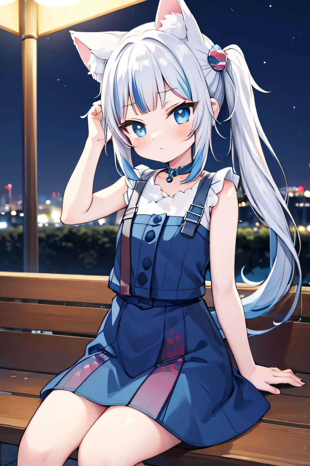 gura_neko, blue dress, cat ears, side ponytail, shy pose, flat chest, night time, pedestrian, night city, sit pose