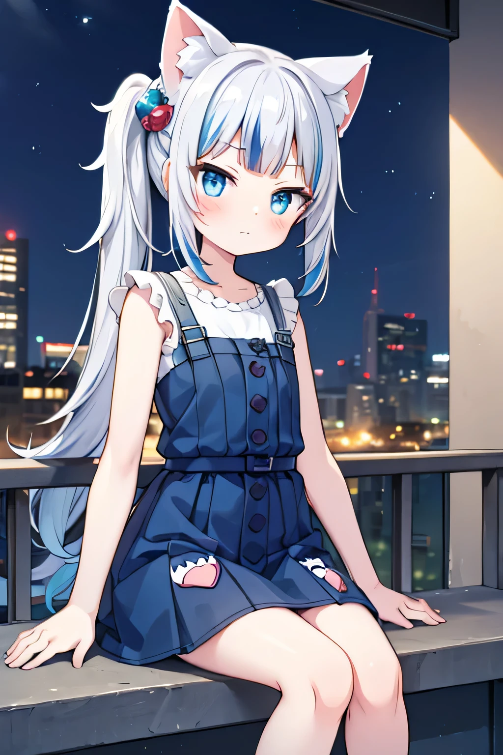 gura_neko, blue dress, cat ears, side ponytail, shy pose, flat chest, night time, pedestrian, night city, sit pose
