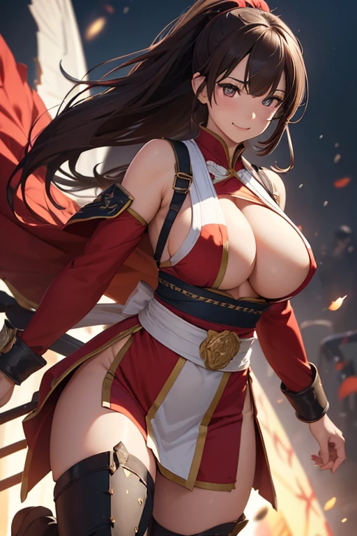 shiranui mai, Brown eyes, Long hair, Brown hair, (Red clothes:1.3)，White ribbon, Sleeveless, pony tails, sash, Pelvic curtain, arm guards, mitts, tabi，A plump chest， Seductive expression, Sexy eyes, Huge breasts, Smile, Cute, view the viewer, Long hair, (breasts focus:1.2), (Realistic:1.2), (Full shot: 1.2), (Realism), (Masterpiece:1.2), (Best quality), (Ultra detailed), (8K, 4K, Intricate), (85mm), Light particles, lighting, (Highly detailed:1.2), (Detailed face:1.2), (gradients), sfv, Colorful, (Detailed eyes:1.2), (das boot: 1.2),(Detailed background), (Dynamic Angle:1.2), (Dynamic pose:1.2), (Line of action:1.2), Wide shot, .huge tit，Bigchest，crowd of，lots of people，crowed，aboard