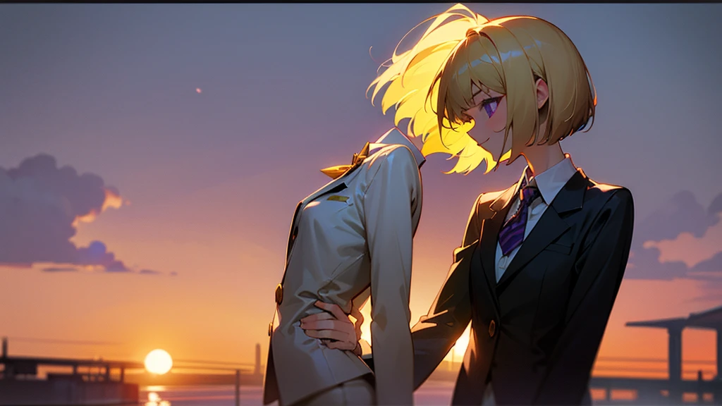 1 Girl、anime painting、Upper body close-up、profile、Natural Proportions、thin、Small breasts、smile、White skin、(blonde)、Bobcut、Beautiful purple eyes、White shirt、Black work trousers、Black Fitted Blazer、Slender body、Rule of Thirds、生意気なsmile、Squint your eyes、Park in the background、sunset、Soft lighting.