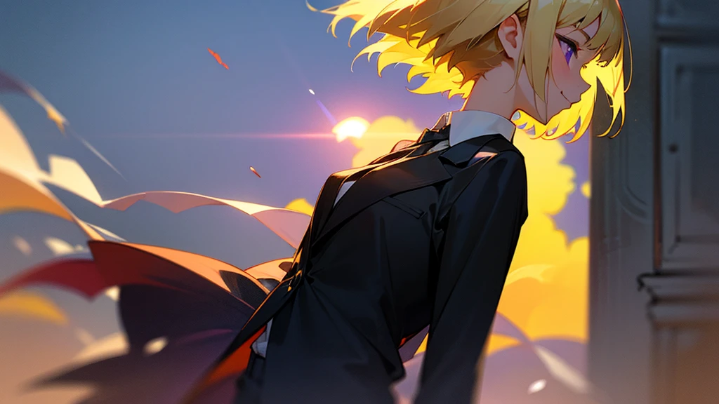 1 Girl、anime painting、Upper body close-up、profile、Natural Proportions、thin、Small breasts、smile、White skin、(blonde)、Bobcut、Beautiful purple eyes、White shirt、Black work trousers、Black Fitted Blazer、Slender body、Rule of Thirds、生意気なsmile、Squint your eyes、Park in the background、sunset、Soft lighting.