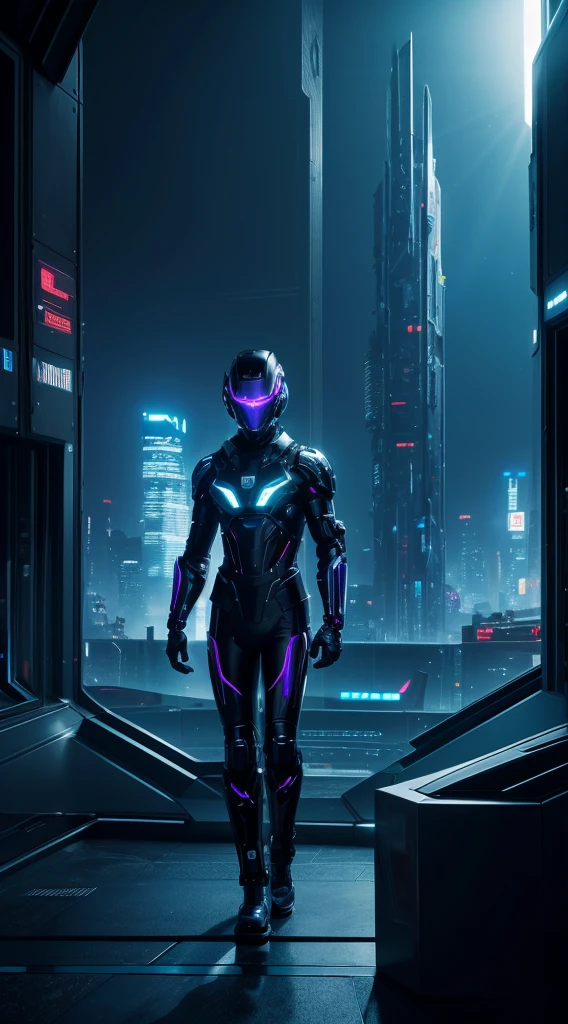 Option in English: A futuristic character, with a cybernetic appearance, is positioned in a dark and futuristic environment. The camera used to capture this image is a high-resolution camera, capable of capturing all the details of the character and the environment. The lighting is scarce, with bright neon lights creating a mysterious and sci-fi atmosphere. The predominant colors are dark and metallic tones, with emphasis on blue and purple shades. The background consists of futuristic skyscrapers and a dystopian urban landscape. The sci-fi style is evident in the technological elements present in the scene, such as holograms and futuristic devices. The dark and mysterious environment contributes to creating an intriguing and futuristic atmosphere 