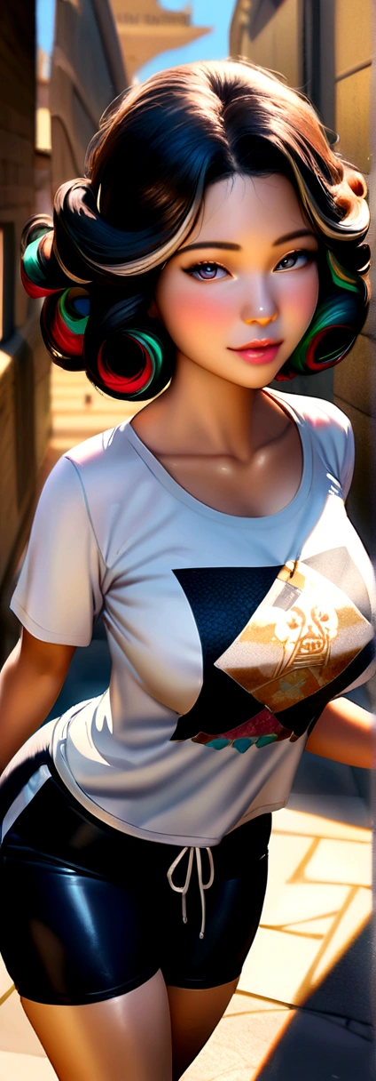 realistic, very detailed CG 통합 8K Dendenden 배경화면, illy details, High-quality RAW color photos, professional photography, (8K, RAW photos, top quality, table top: 1.2), (realistic, realistic: 1.37), transcendent beauty, young and cute, mix, shiny skin, big bust, half exposed chest, (cleavage of breasts:1.2), (fair face:1.2), best quality, Ray Tracing Reflections, very detailed, high resolution, hyper detail, very detailed, fancy, (multi style box t-shirt:1.5), (jogger pants shorts:1.2) , (depth of field), (two tone hair), (SamDoesArt1:0.4), (egypt travel), particle, lively, bright, (Curly hair), colorful, (Style - Jogger short pants:0.6)