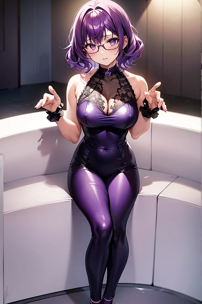 one girl, short curly light purple hair with dark purple strand, glasses, two-piece lace exotic style swimming outfit, simple detaled, lovable, no background, dynamic side sitingpose,, full body ,detaled feet