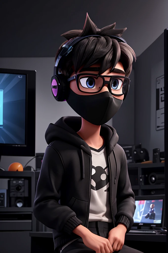 Creates an 18 year old young man with gaming headphones in an all black room with gaming LED and he is playing on the PC recording a video on YouTube with a black mask and glasses