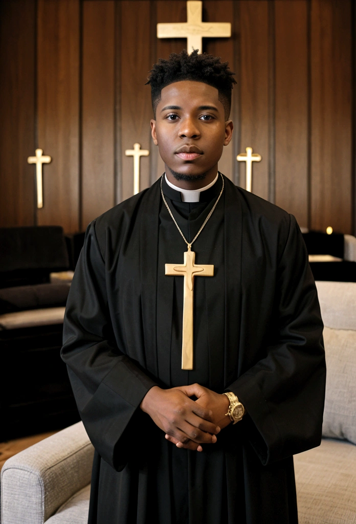 (( young black male pastor wearing a large cross pendant, clergy collar, and robes)), in his ((living room:1.4)) accompanied by a ((50 year old busty and slutty black church mother:1.3))