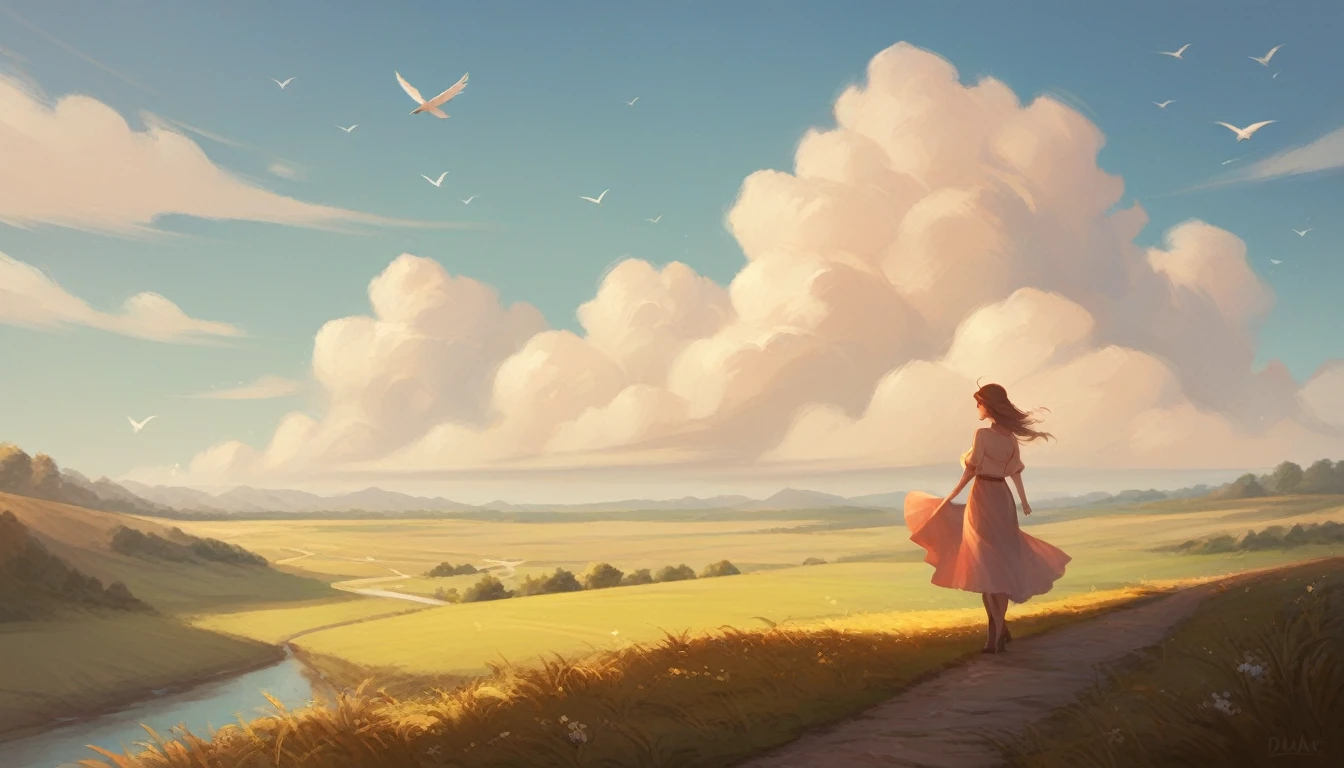 flat color, a girl, standing on the a hill, wind, day, amazing quality, very beautiful color, by iamuu, aesthetic, birds, beautiful scenery