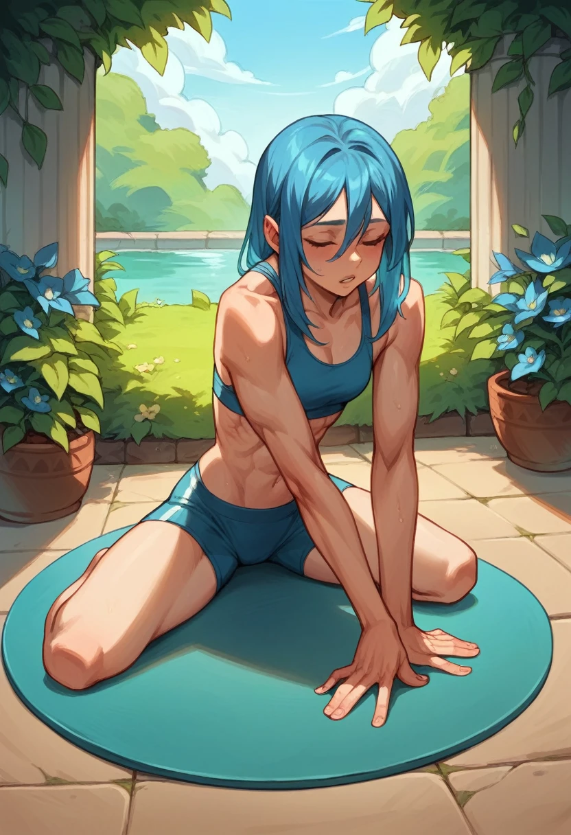 young woman, does yoga, in the lotus position, long blue hair, , athletic body, against the background of the garden