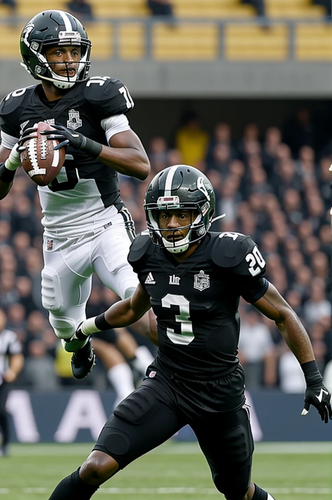 A footballer in a black football uniform, with gray eyes and stick scoring a goal

