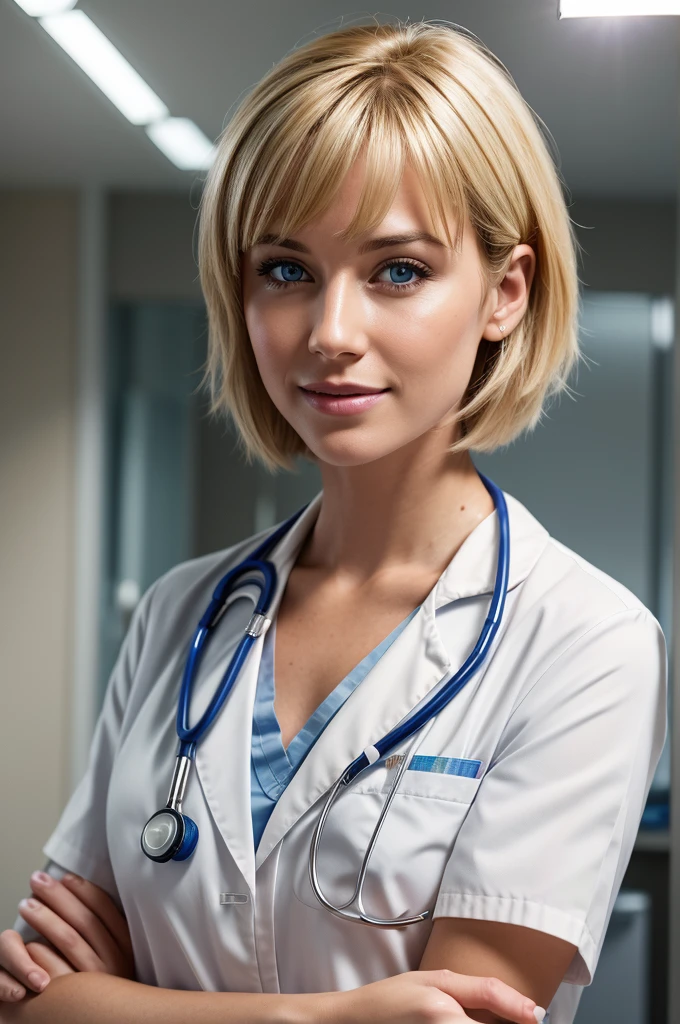 /Medical center, nurse, blonde hair, short hair bangs, light eyes, a woman, doctor, stethoscope on neck, Smile, innocent, 100mm lens, (photorealistic), look at the viewer, as doctor, (Intricate details:1.2 ),(Artwork,:1.3),(Best Quality:1.4), (Ultra High Resolution:1.2), Ultra High Resolution, (Detailed Eyes), (Detailed Facial Features), HDR, 8K Resolution, (Stethoscope), distant vision, reflections on the ground, (lens flare: 1.4)