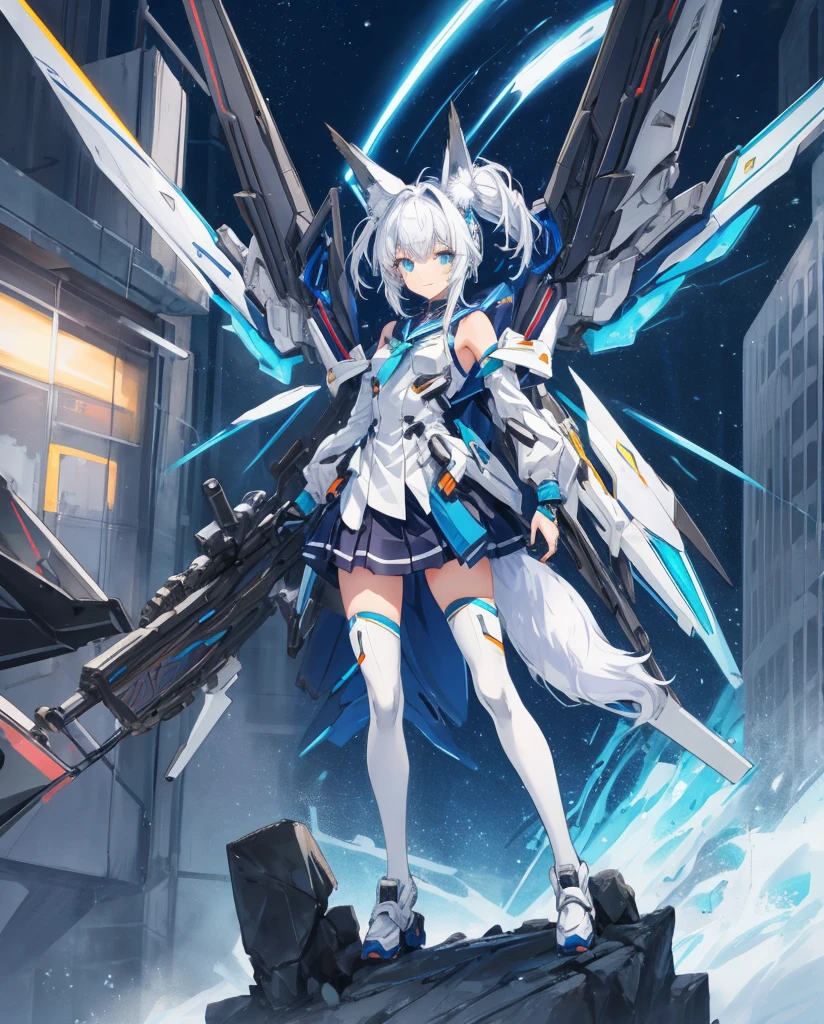 Masterpiece, mecha-musume, light mecha top suit ((small neko ears)) and ((fox tail)), mechanical extensions, stokings, ((one leg has a_ black stocking)), ((the other leg has a white stoking)) , she is holding a giant Sniper Rifle Pointed to the ground, 
Beautiful face with perfect sky-blue and green eyes, white hair, damaged oversized shirt over the suit which shows shoulders and skin. Futuristic wings with neon and rifles Cool dynamic pose, school skirt. High quality anime style.

The girl has just trasformed ,she is a school student that battle against angels.
The mecha suit is only an accessory, she is wearings a  that has been damaged. 

She has very big white and blue mechanical tech fluo wings,she is standing in front of her enemies with a brave smile