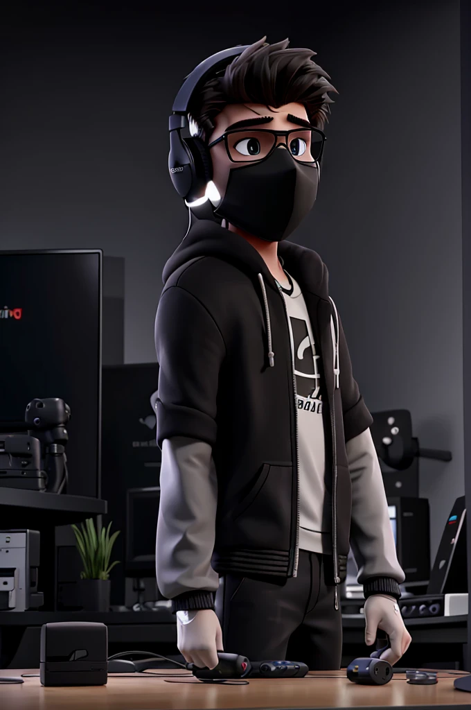 Creates an 18 year old young man with gaming headphones in an all black room with gaming LED and he is playing on the PC recording a video on YouTube with a black mask and glasses
