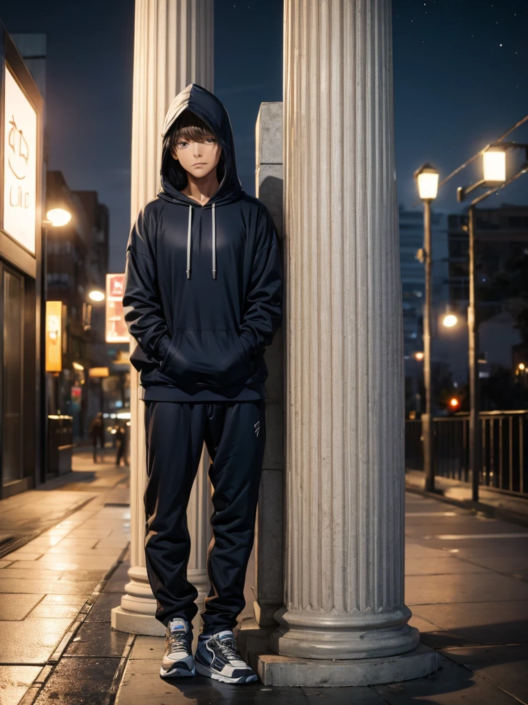 A male, leaning on a pillar, Head tilted down, with hoodie on head, full body picture, Night 