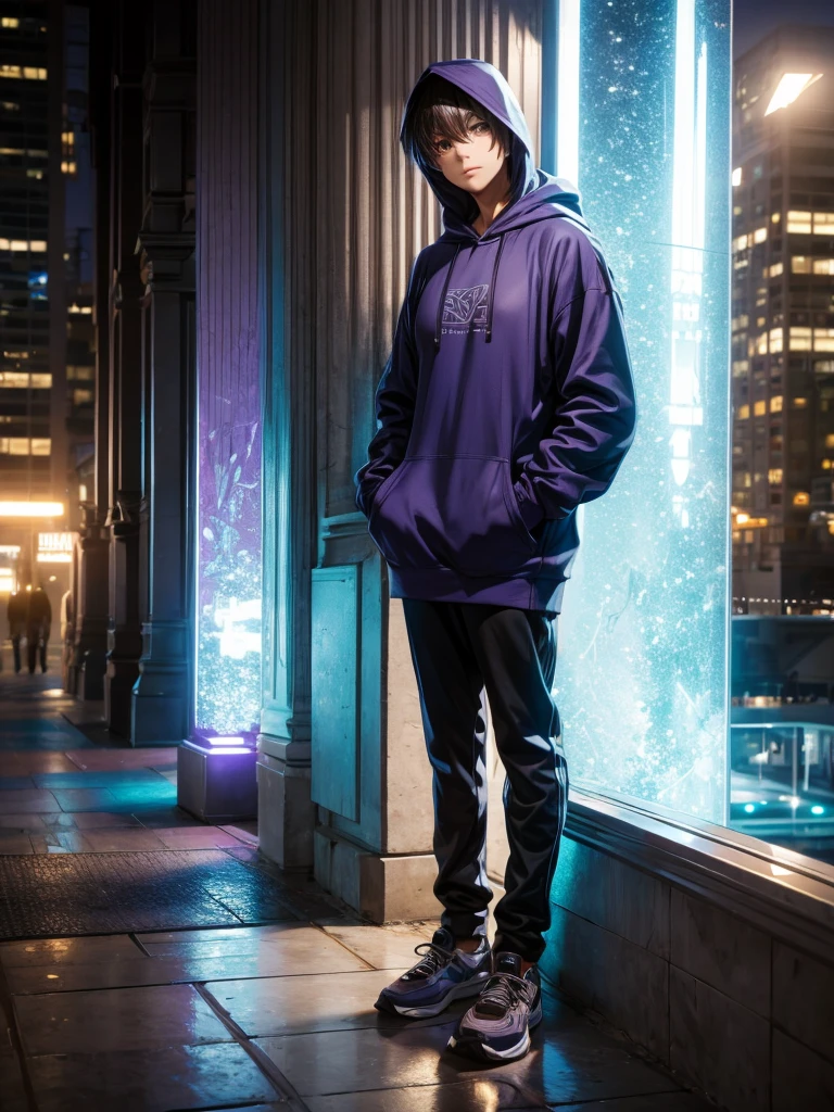 A male, leaning on a pillar, Head tilted down, with hoodie on head, full body picture, Night 