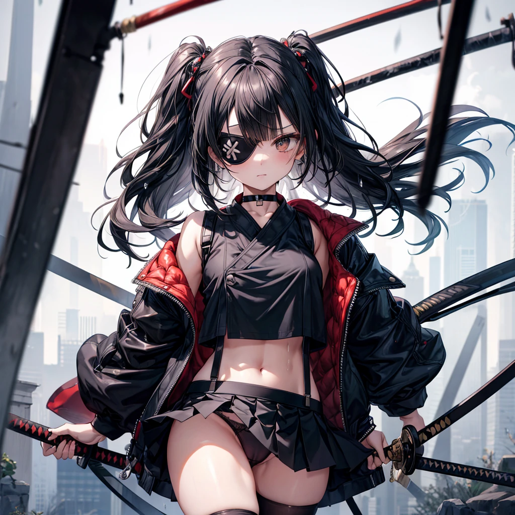 ((Highest quality)), ((masterpiece)), (detailed), ((Highest quality)), ((masterpiece)), (detailed), 1girl, 独奏, katana, black hair, eyepatch, crop top, leather jacket, Torn miniskirt, suspender skirt, torn pantyhose, panties, panties under pantyhose, choker, bracelet, battoujutsu stance,weapon, rain, (wet), see through, expressionless, ass pov