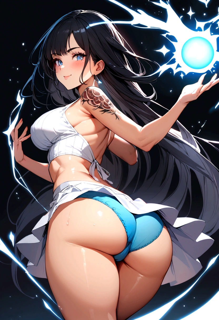 Sexy woman with white skirt and a great butt with black hair and a cute face with a tatoo and blue underwear