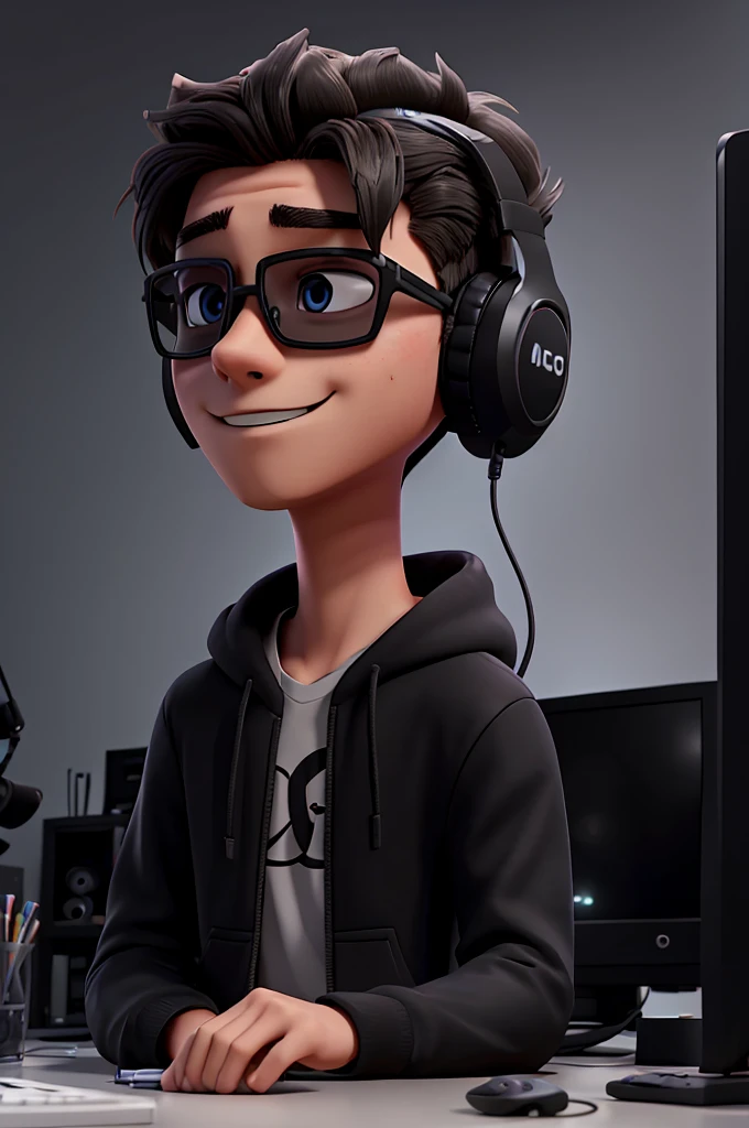 Creates an 18 year old young man with gaming headphones in an all black room with gaming LED and he is playing on the PC recording a video on YouTube with a black mask and glasses