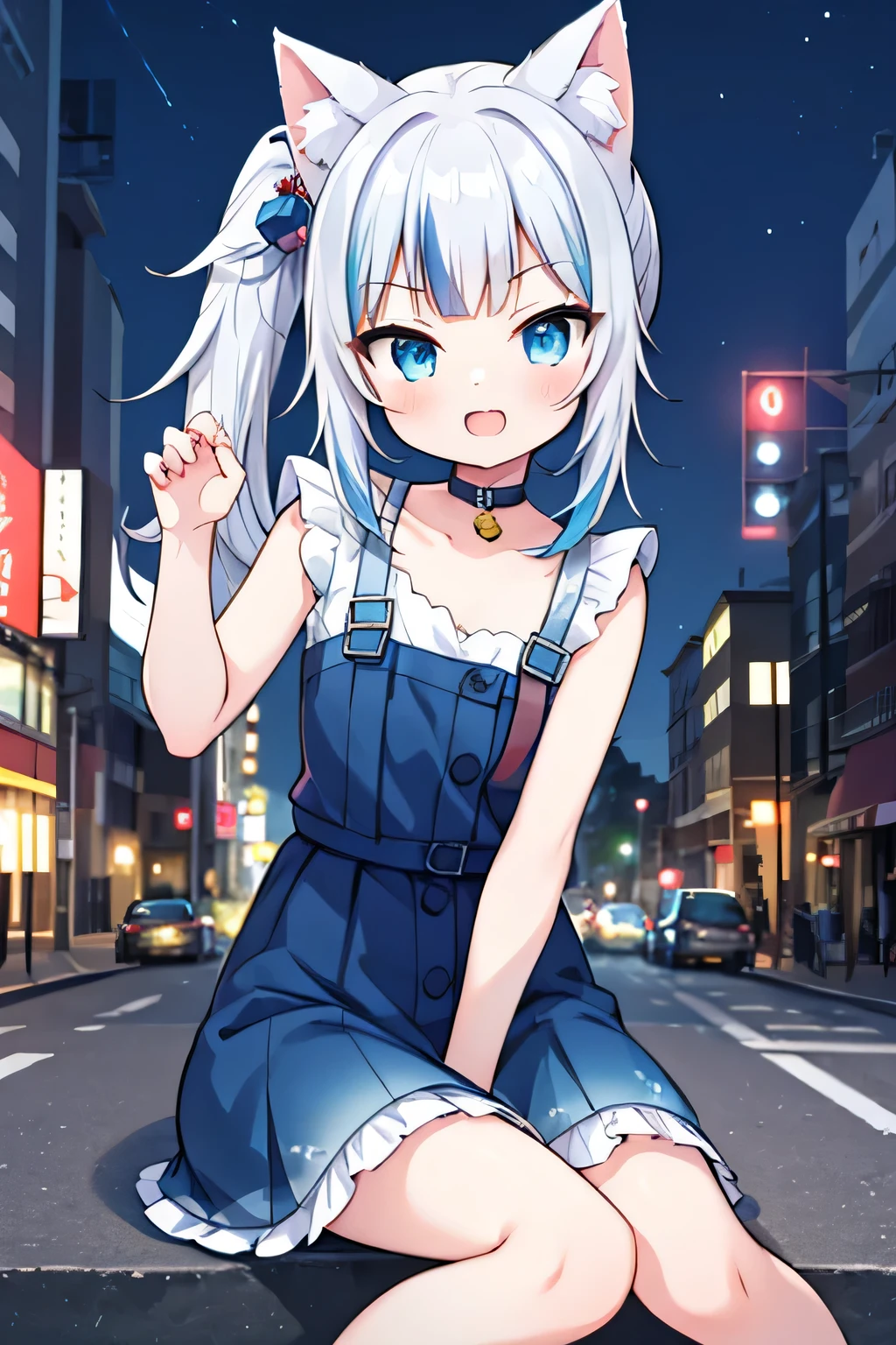 gura_neko, blue dress, cat ears, side ponytail, flat chest, night time, pedestrian, night city, sit pose, nya pose, super happy, open mouth, cat pose