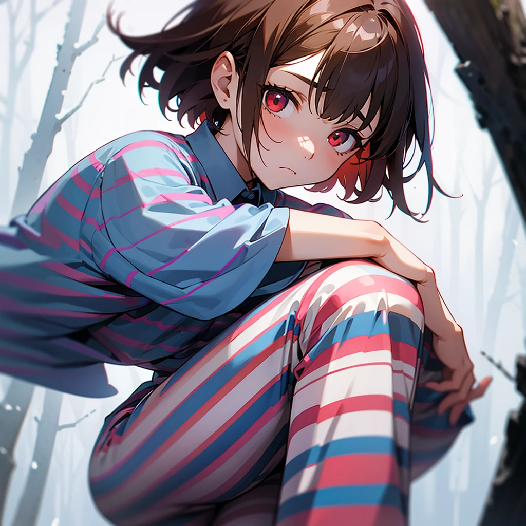 1girl, a striped shirt with two blue-purple lines on it, short brown hair, bright red eyes, snowy forest, emotionless 